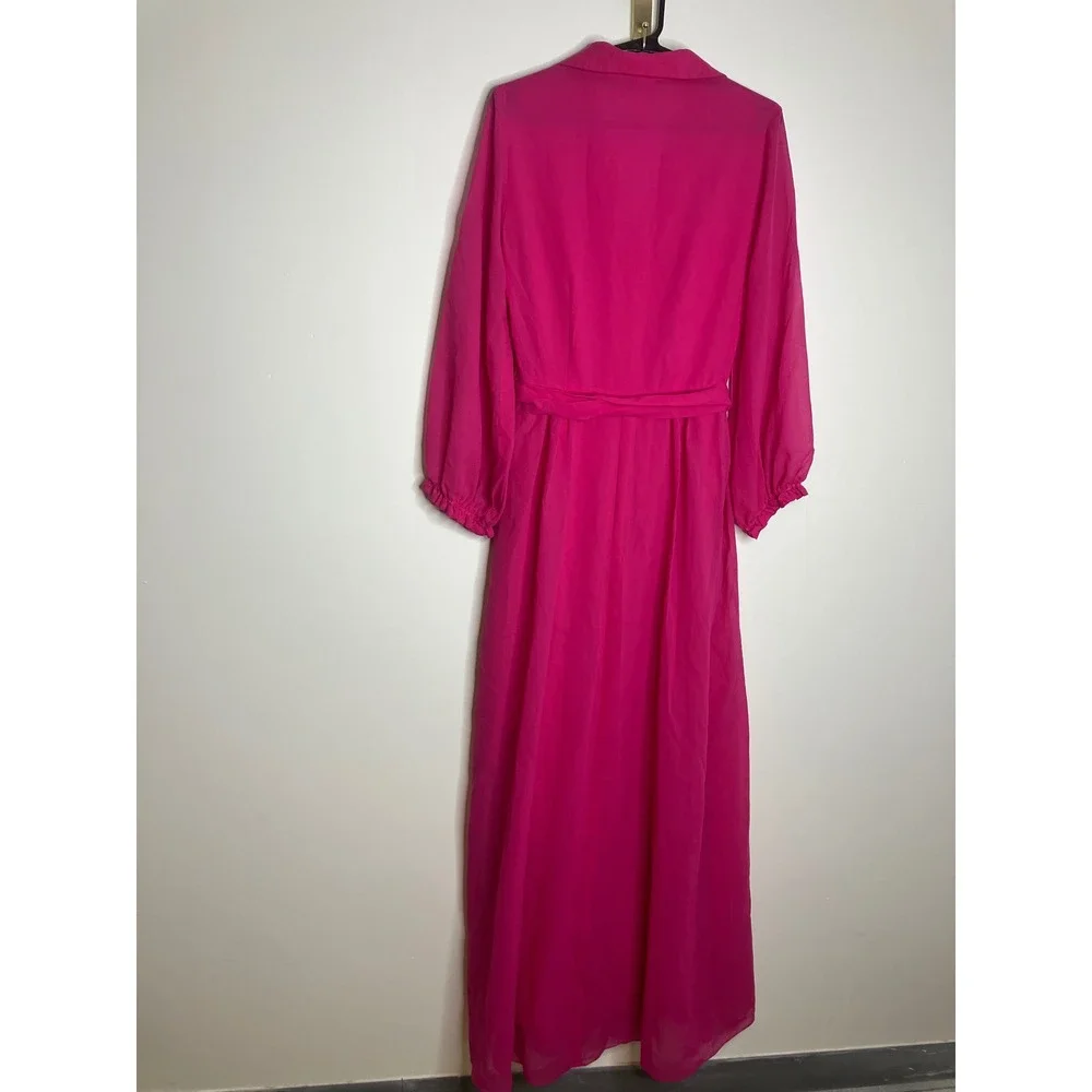 Camilla Copenhagen Maxi Dress Women 10 Pink good Balloon Sleeve Belted Chiffon